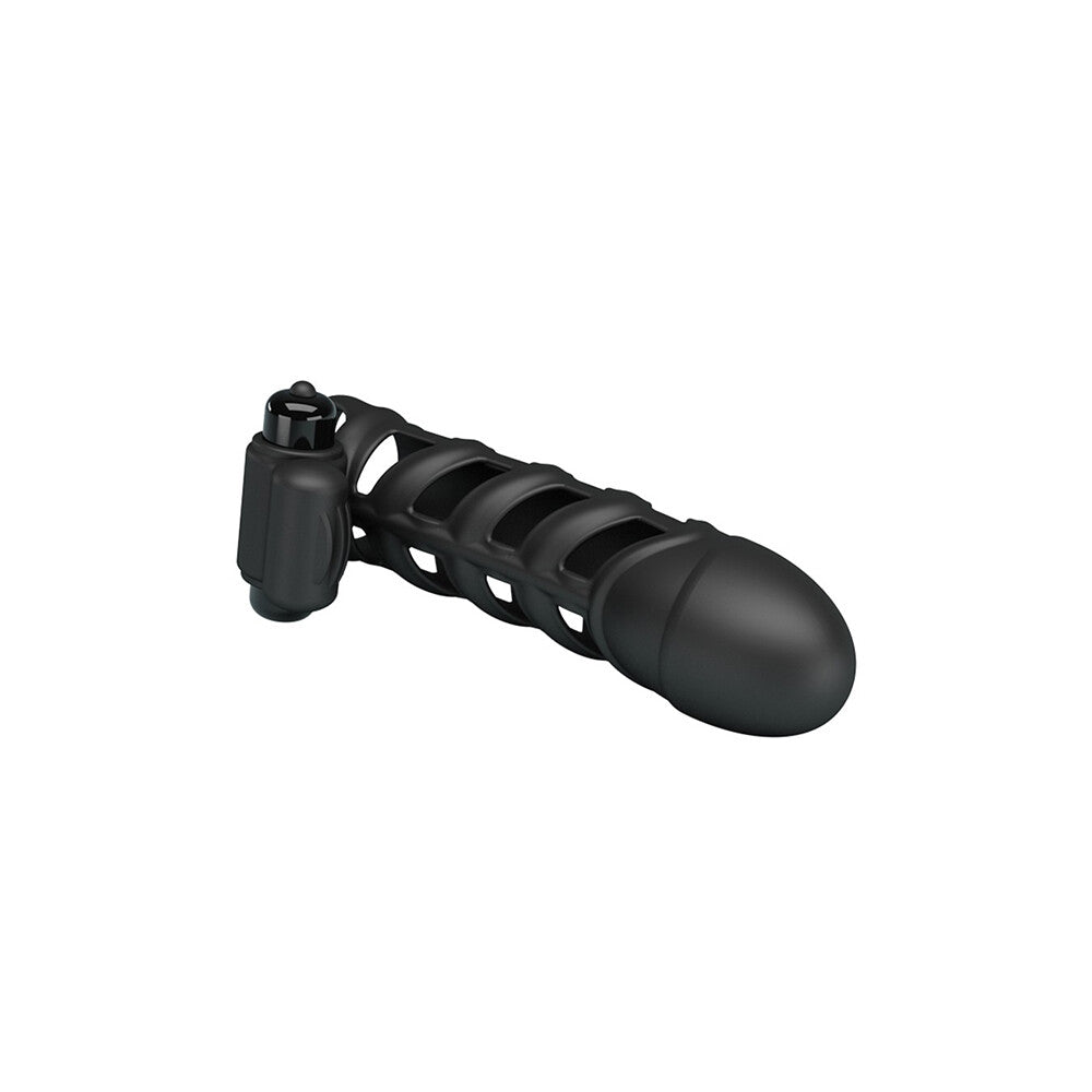 Vibrating penis sleeve with ribbed texture, flesh-toned, enhancing pleasure during sexual activity.