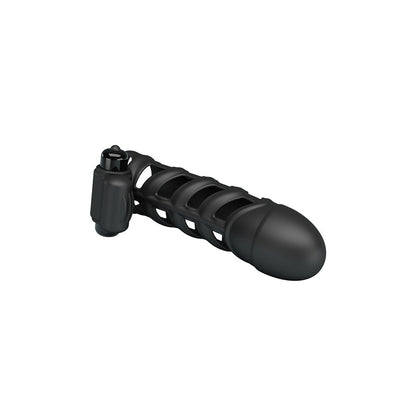 Vibrating penis sleeve with ribbed texture, flesh-toned, enhancing pleasure during sexual activity.