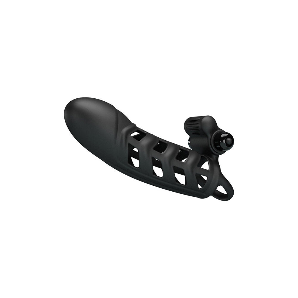 Close-up of a textured, flesh-toned vibrating penis sleeve, designed for enhanced pleasure.