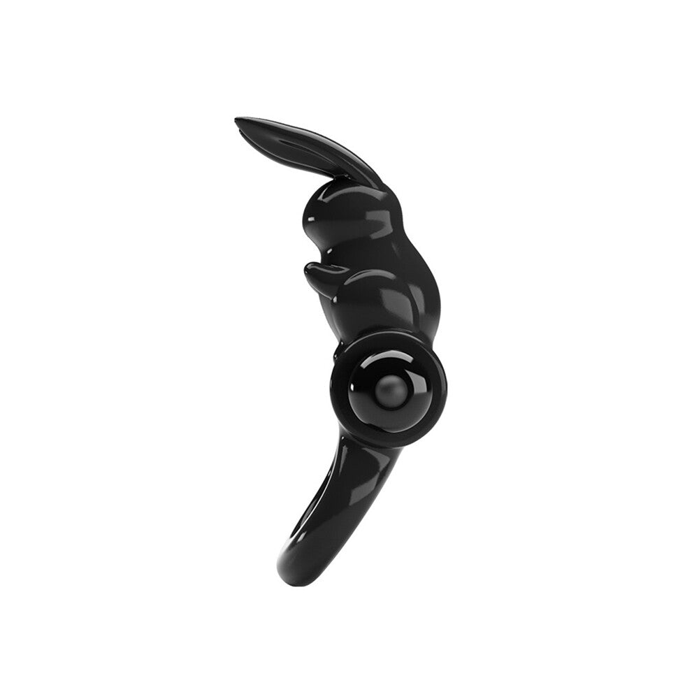 Close-up of a black, silicone, vibrating cockring from Pretty Love; love ring vibrator.