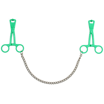 Rimba green scissor nipple clamps, crafted from metal with a connecting chain. Ouch!