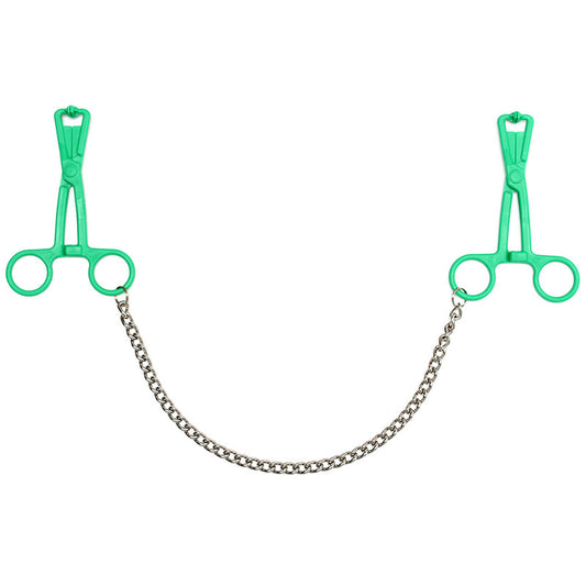 Rimba green scissor nipple clamps, crafted from metal with a connecting chain. Ouch!