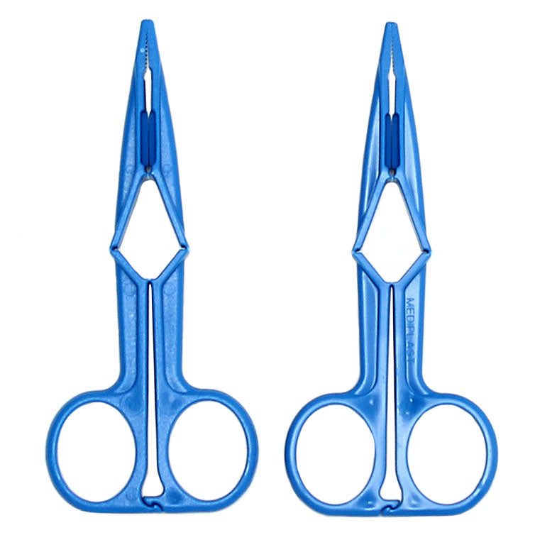 Close-up of Rimba blue scissor nipple clamps, showcasing the stainless steel construction and adjustment screw.