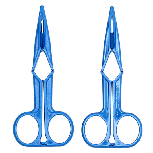 Close-up of Rimba blue scissor nipple clamps, showcasing the stainless steel construction and adjustment screw.