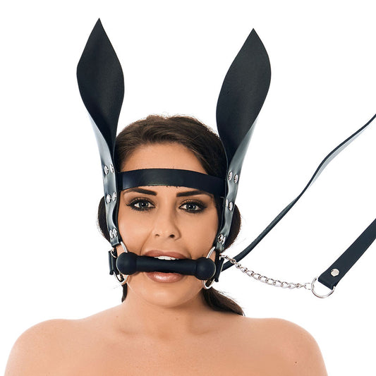 rimba horsebit mouth gag with reins and ears, a classic black leather equestrian accessory