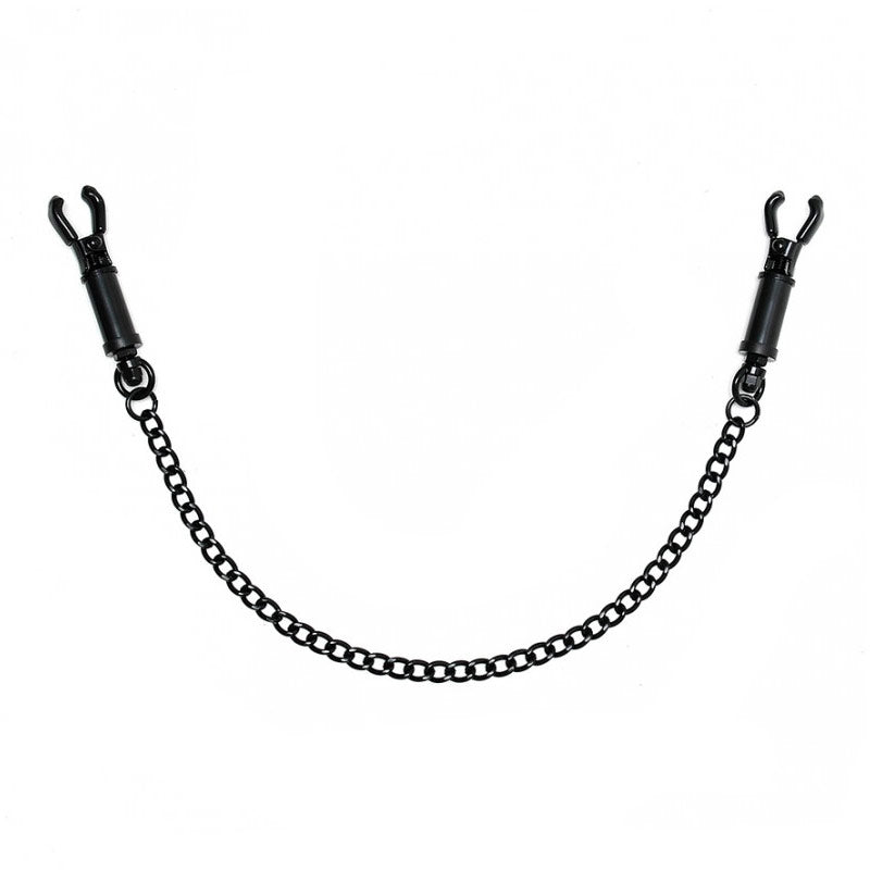 Close-up of black metal rimba nipple clamps with adjustable screw and attached chain.