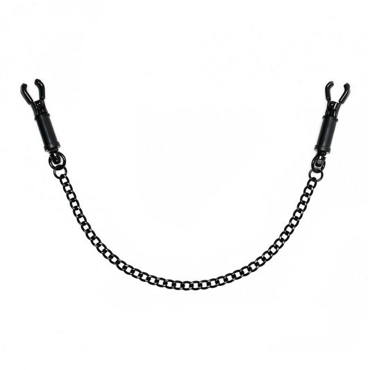 Close-up of black metal rimba nipple clamps with adjustable screw and attached chain.