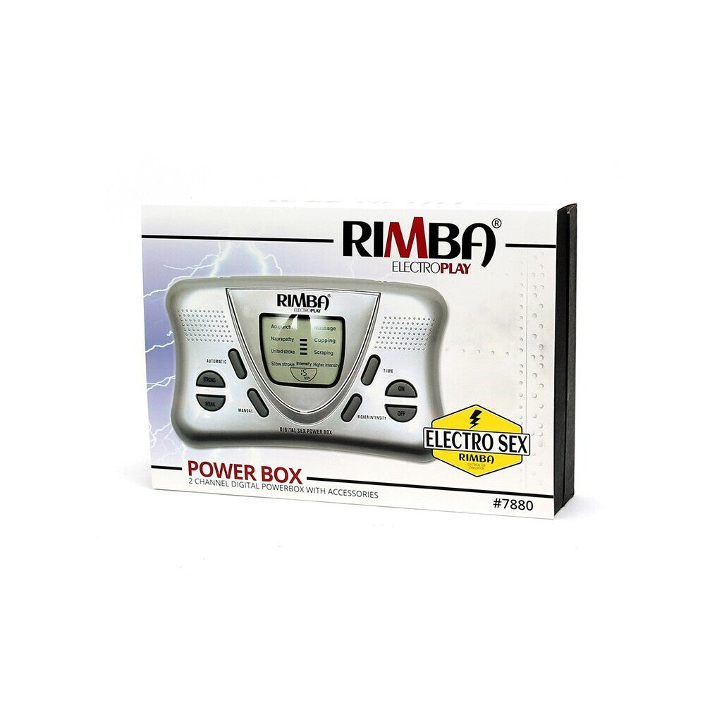Rimba electro powerbox set for e-stim play, close up on the controller and accessories.