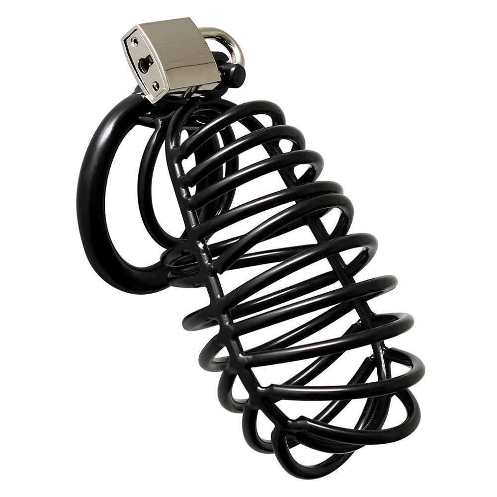 black metal male chastity device with padlock, rimba design for secure wear