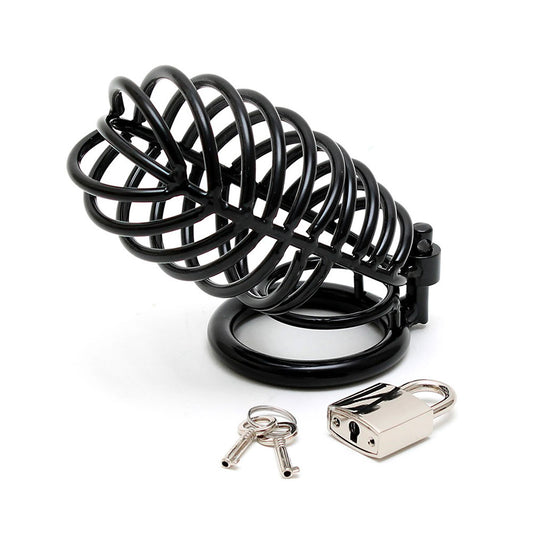 rimba black metal male chastity device with padlock, close-up showing the design.