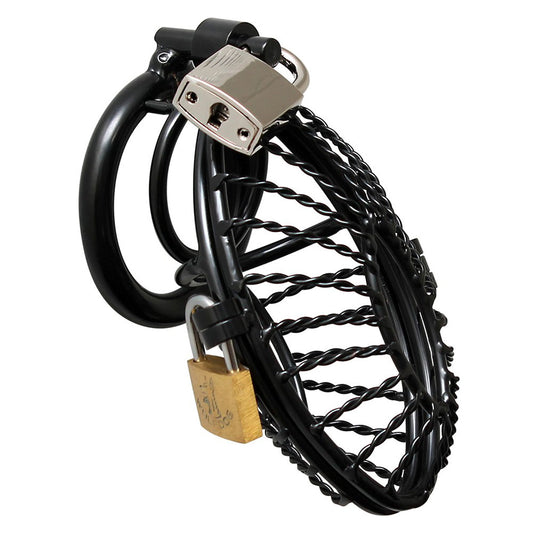rimba metal male chastity device with two padlocks, silver-toned and securely fastened.