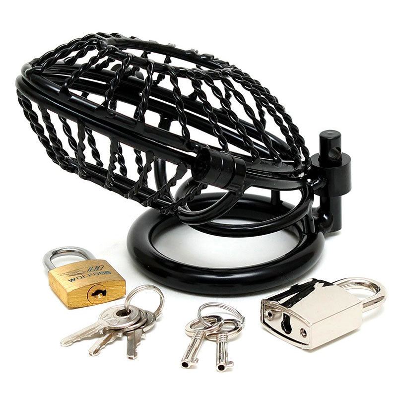 rimba male chastity device in shiny metal with two padlocks, open design