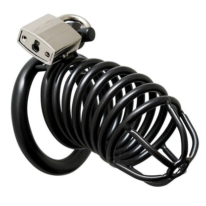 Rimba male chastity device, metal cage with padlock, for secure cock restraint.