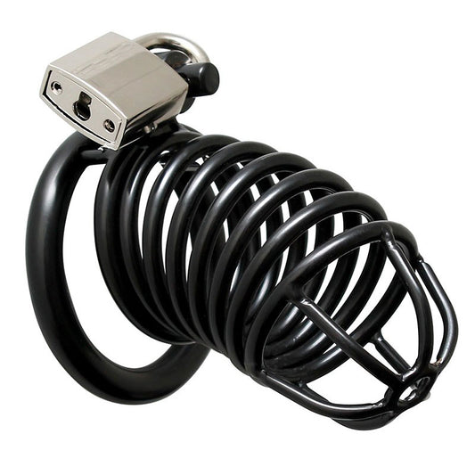 Rimba male chastity device, metal cage with padlock, for secure cock restraint.