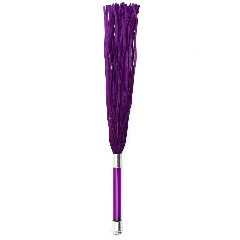 rimba purple suede flogger with a clear glass handle and crystal detailing, whips tag
