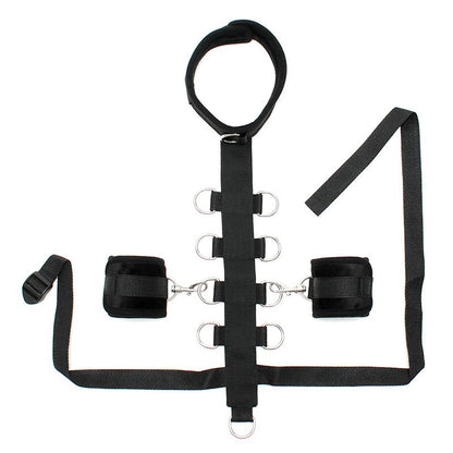 Close-up of the black padded collar, restraint line, and cuffs set from Rimba.