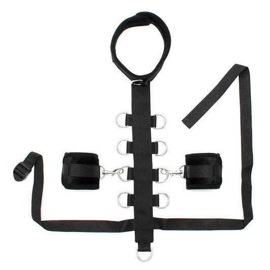 Close-up of the black padded collar, restraint line, and cuffs set from Rimba.