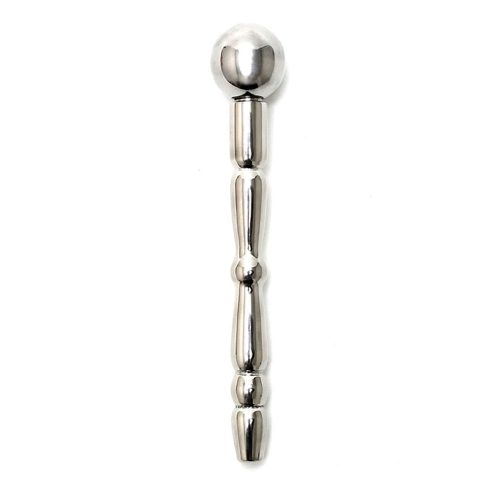 Close-up of a shiny silver-tone steel cock pin for cock and ball bondage, 8mm.