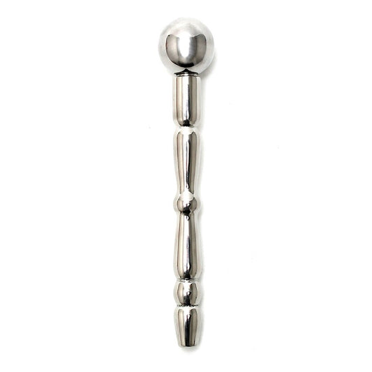Close-up of a shiny silver-tone steel cock pin for cock and ball bondage, 8mm.