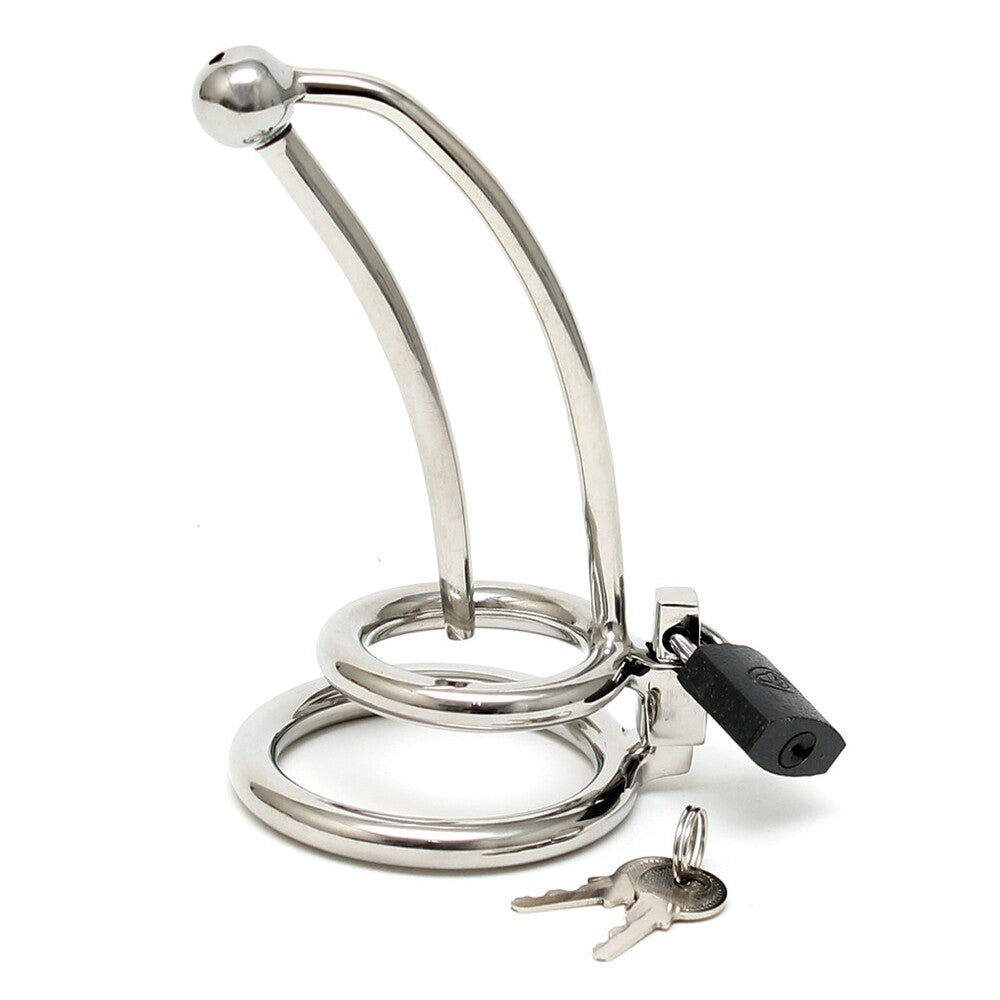 rimba chastity device with curved base, urethral tube, and cock and ball bondage features
