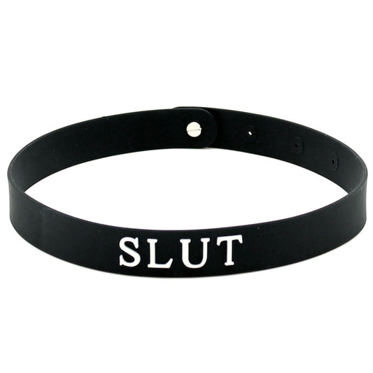 Close-up on a sleek black silicone collar, a kinky accessory from rimba, perfect for playful nights.