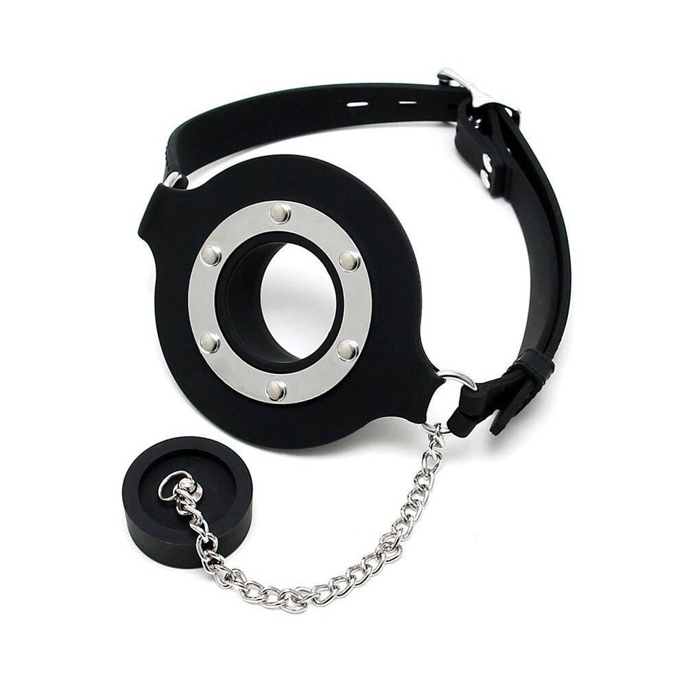 rimba mouth gag with opening and stopper, black silicone with a smooth finish