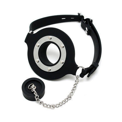 rimba mouth gag with opening and stopper, black silicone with a smooth finish