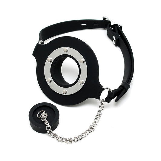 rimba mouth gag with opening and stopper, black silicone with a smooth finish