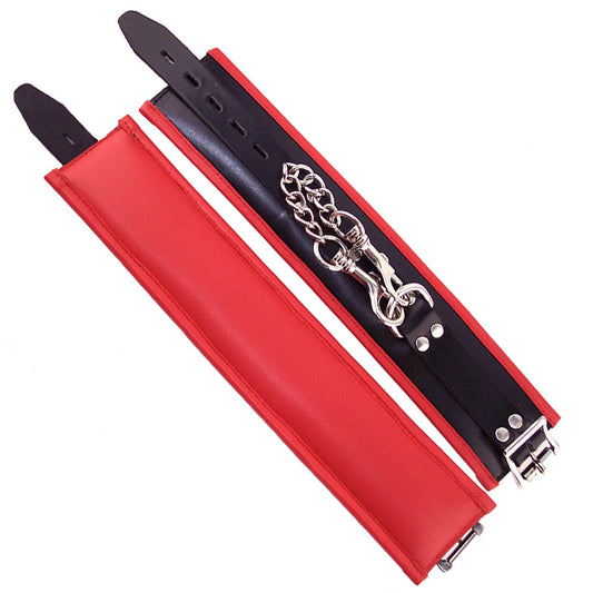 Rouge Garments wrist cuffs, padded with red trim. Restraints in a striking colour.