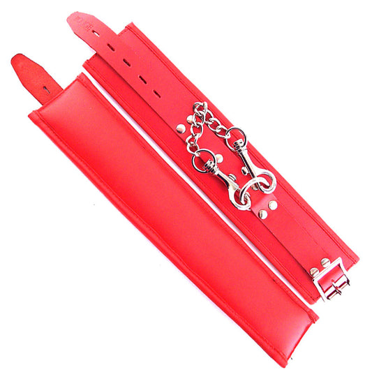 Rouge Garments padded ankle cuffs in red, designed as adult restraints and fetish wear.