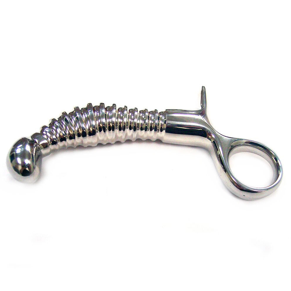 rouge stainless steel anal probe with ribbed texture and handle for pleasure