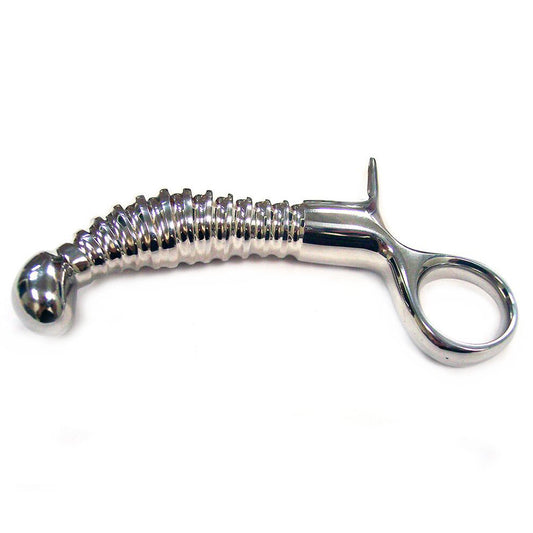 rouge stainless steel anal probe with ribbed texture and handle for pleasure