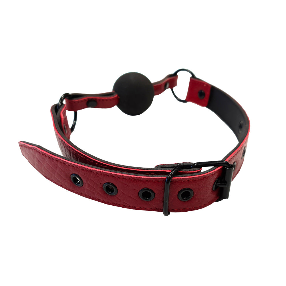 rouge garments ball gag in black and burgundy croc-print leather for playful bondage.