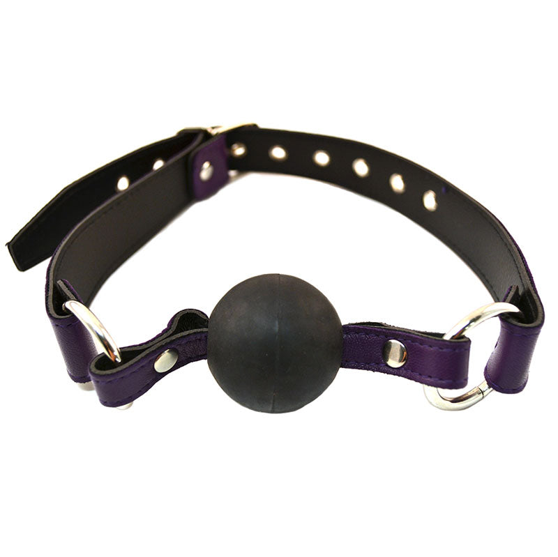 Purple ball gag from rouge garments, a shiny, smooth restraint for playful fun.