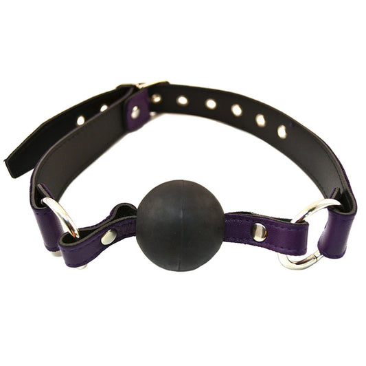 Purple ball gag from rouge garments, a shiny, smooth restraint for playful fun.