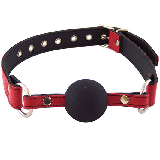 Rouge garments ball gag in red. A smooth, round ball attached to black straps.