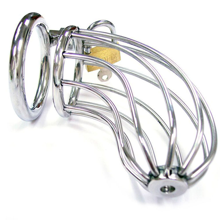 rouge stainless steel cock cage with padlock for male chastity, close-up view.
