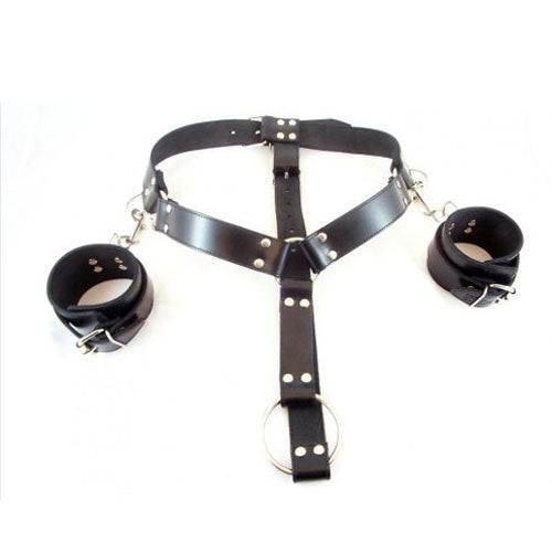 rouge garments cuff harness, a black leather restraint accessory for the wrists