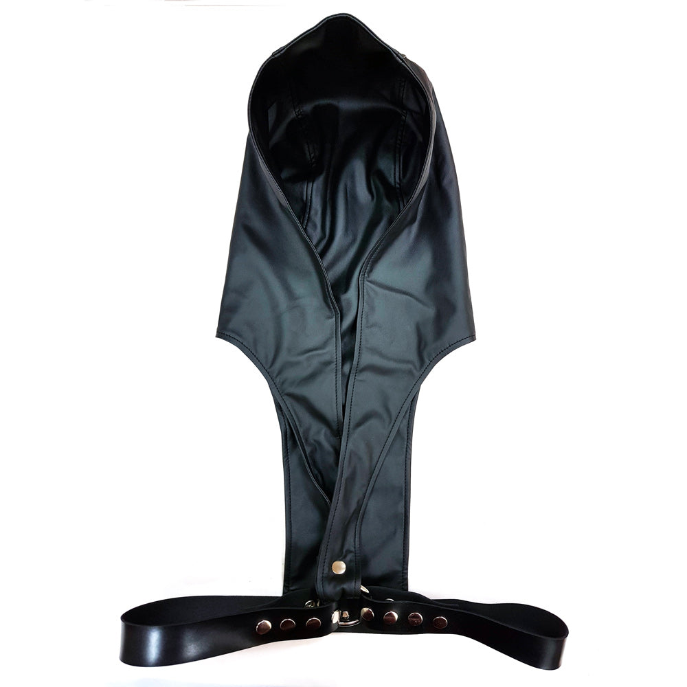 Rouge leather harness in red, paired with a faux leather bondage hood.