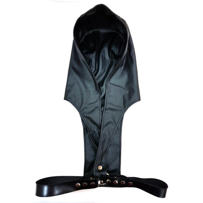 Rouge leather harness in red, paired with a faux leather bondage hood.