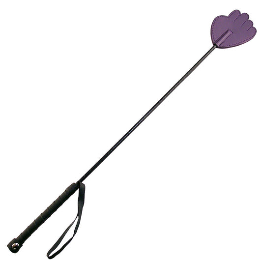 A purple riding crop from rouge garments, featuring a hand grip and braided whip detail.