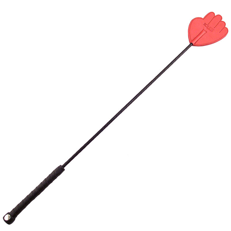 Red leather riding crop with a hand-shaped handle, perfect for equestrian activities.