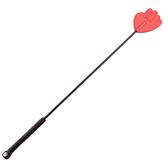Red leather riding crop with a hand-shaped handle, perfect for equestrian activities.