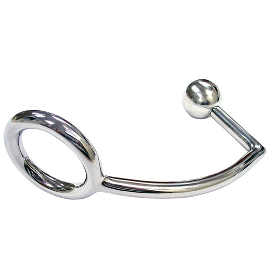 rouge stainless steel cock ring with attached anal probe for intimate play