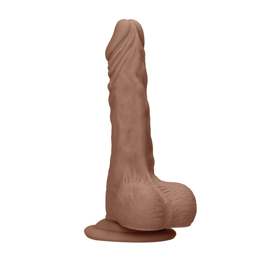 RealRock 7-inch flesh tan dildo with testicles, a realistic sex toy from Shots Toys.