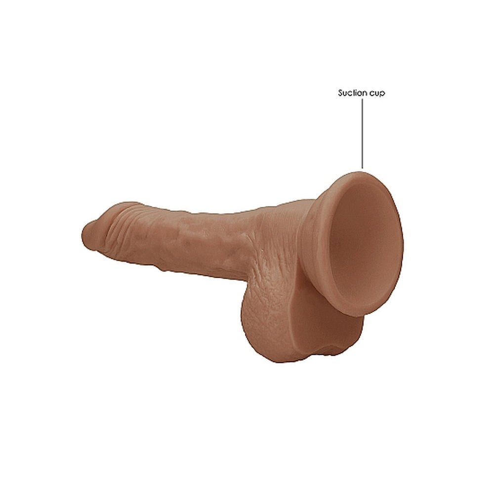 RealRock flesh tan realistic dildo with textured testicles, seven inches, for pleasure.