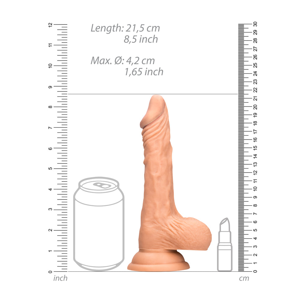 Flesh pink, eight-inch realistic dildo with testicles, a lifelike texture for intimate play.