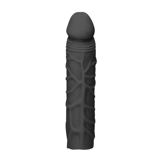 Black RealRock penis sleeve from Shots Toys, seven inches in length, textured for pleasure.
