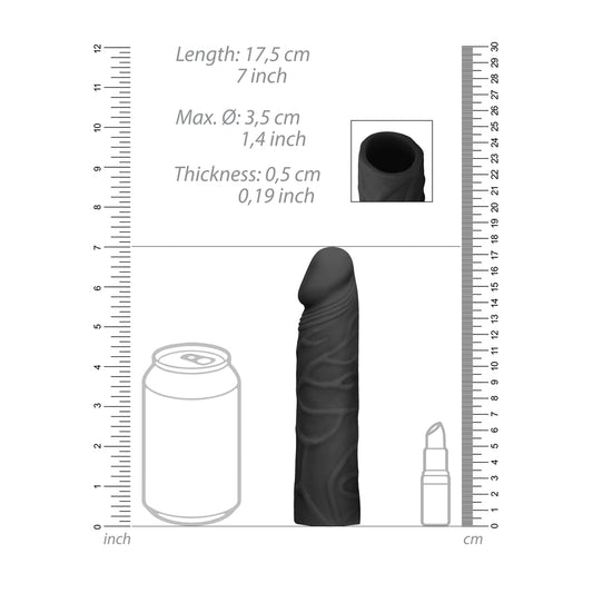 Close-up of a black, textured penis sleeve by Shots Toys, seven inches long.