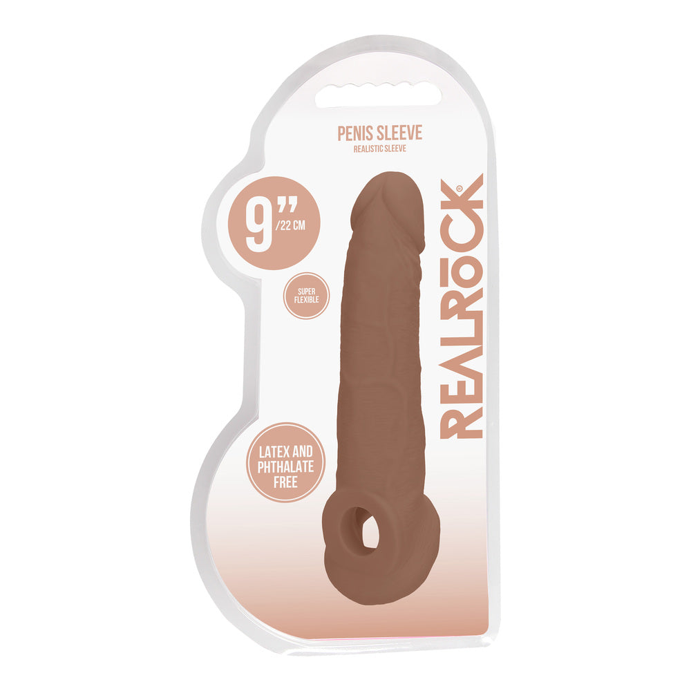 Flesh tan, realistic-looking 9 inch penis sleeve from Shots Toys, crafted from flexible material.